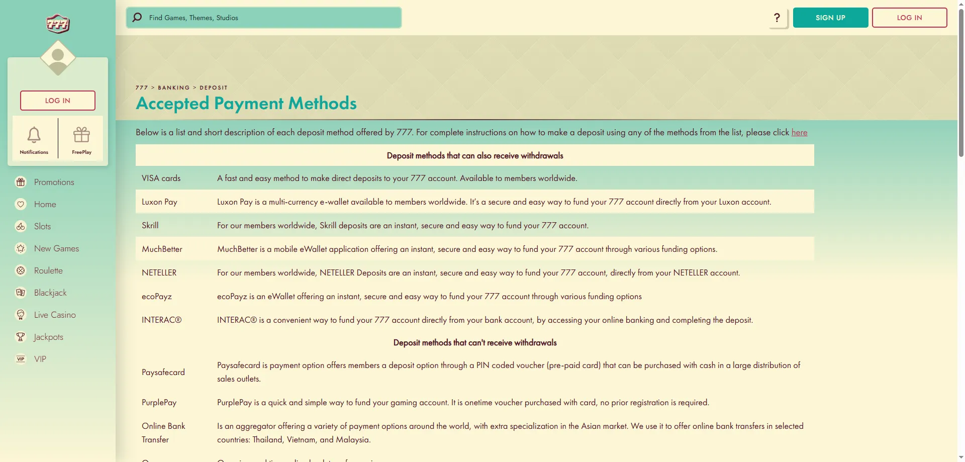 777 Casino deposit and withdrawal methods — Skrill, Visa, PayPal and more